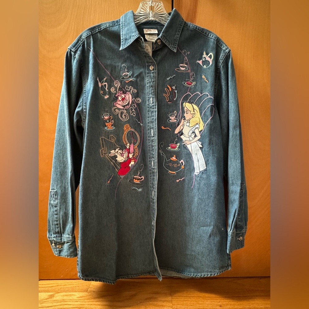 Alice in Wonderland Embroidered Button-down Denim shirt.  Ltd Edition vtg 90s